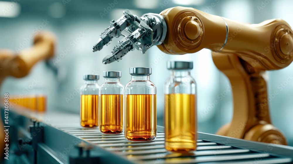 Poster robotic arm precisely placing vials filled with liquid, demonstrating advanced automation processes.