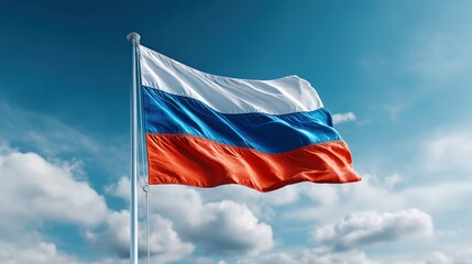A vibrant shot of the russian flag billowing in the wind against a clear blue sky with clouds.