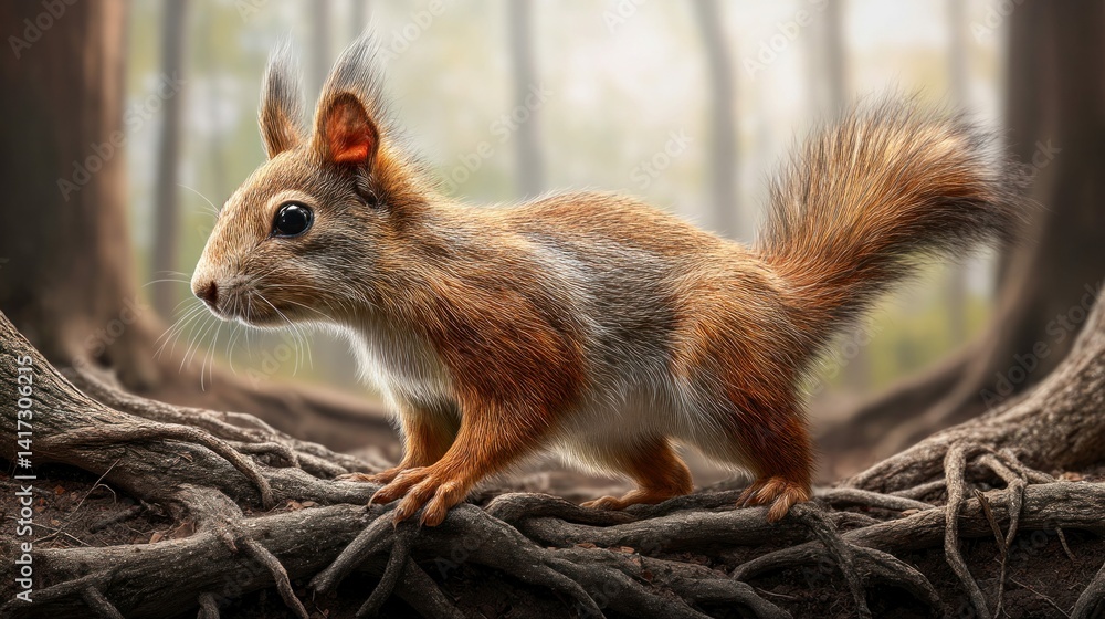 Aufkleber a charming squirrel with a bushy tail exploring the intricate roots of a forest tree.