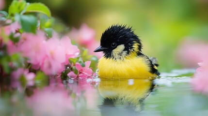 Close-Up of Fluffy Black and Yellow Bird in Shallow Pond with Pink Flowers and Serene Spring Lighting