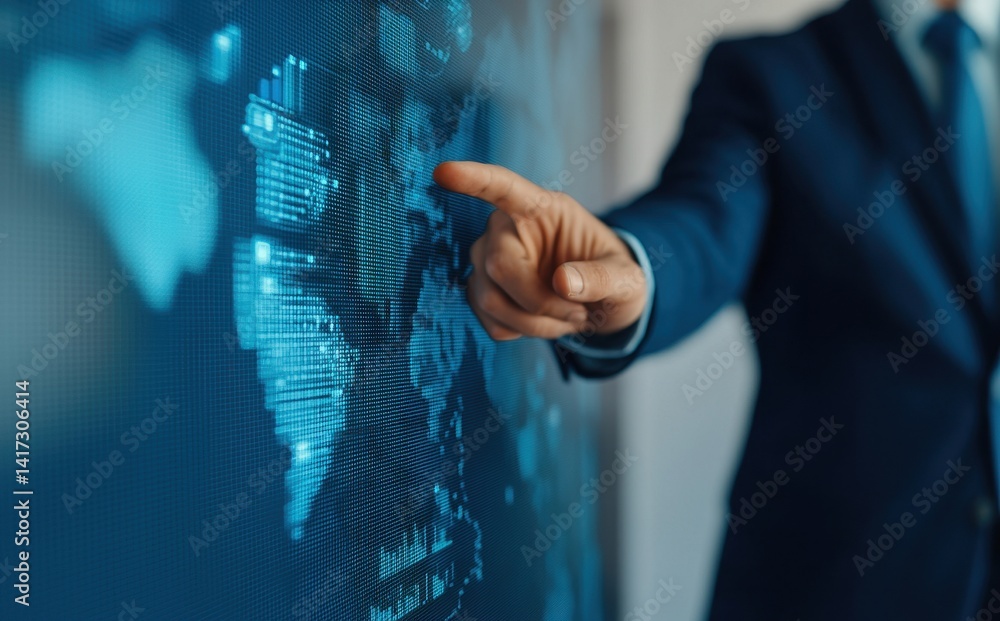 Poster businessman interacting with digital world map on screen display