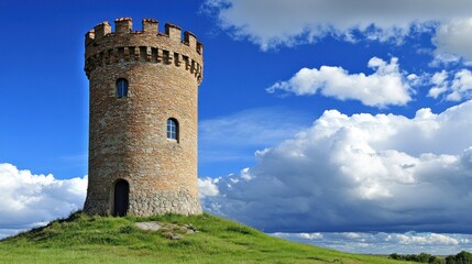 Majestic Stone Tower on Hilltop under a Blue Sky