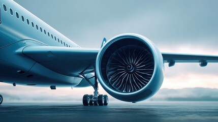 The gleaming engine of a large passenger airliner, ready for takeoff, viewed in crisp detail.