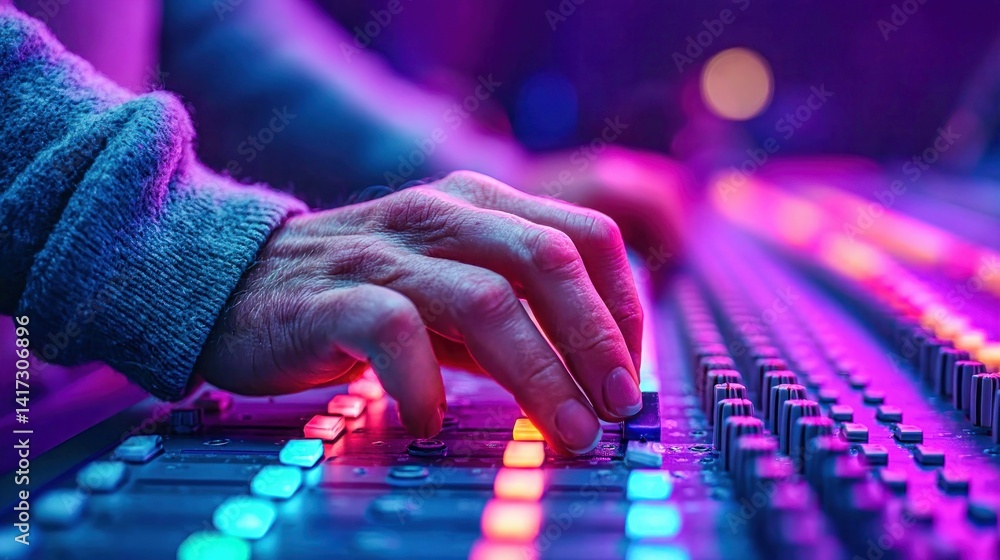 Poster hand adjusting sound levels on a mixing console with vibrant neon lighting in a studio environment.
