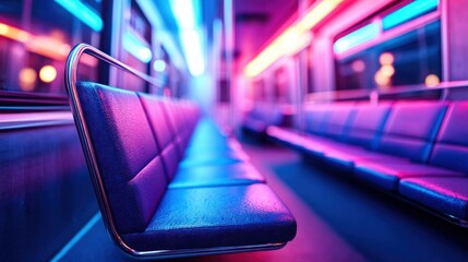A neon-lit subway car with purple seats offers a vivid and futuristic aesthetic, perfect for city life.