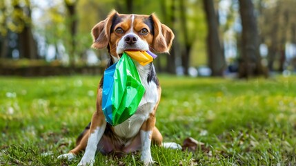 Cute pet dog sitting on park lawn, with a poop waste bag dispenser in its mouth, background softly blurred, humorous and responsible pet-owner message, waste recycle and social responsibility concept