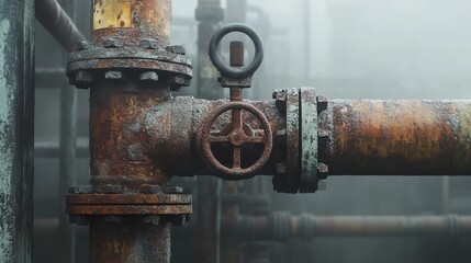 Rusty industrial pipe valve in foggy setting showing corrosion and age
