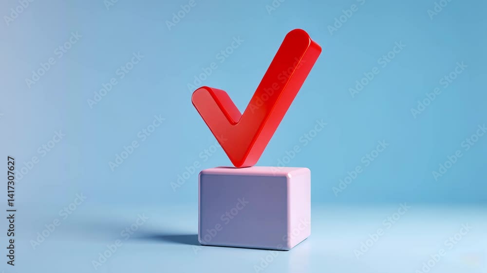 Poster bold red check mark on smooth light blue background with cube base