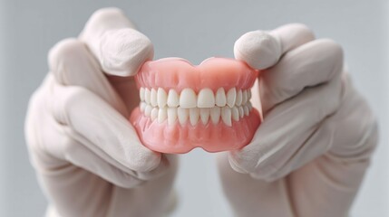 Gloved hands display a set of gleaming, complete dentures, emphasizing dental health.