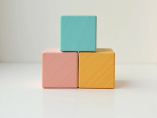 Fototapeta premium Wooden Cubes with Colored Edges Stacked in a Pyramid Shape – Minimalist Geometric Composition with Natural Texture, Balance, and Educational Design