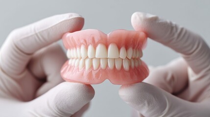 A complete set of dentures is held up, displaying a perfect set of teeth and healthy gums.