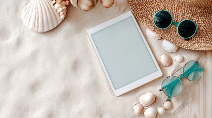 Tablet, sunglasses, straw hat, seashells on sand, evokes summer vacation, beach relaxation, travel planning, mockup for advertisement © PhotoArtHub