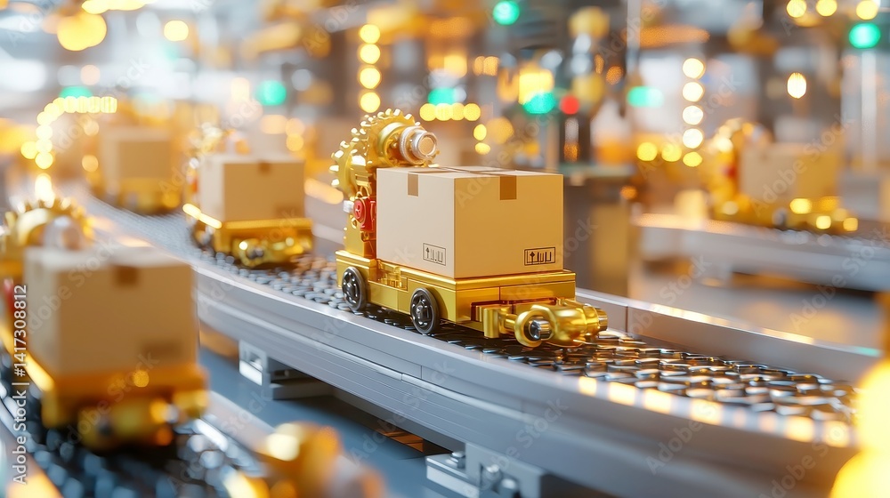 Poster steampunk assembly line, cardboard boxes in motion on a conveyor belt, driven by intricate cogs and 