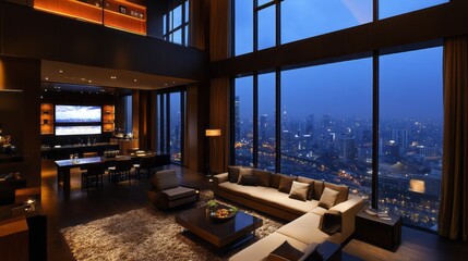 Luxurious apartment boasts a stunning city skyline view at night