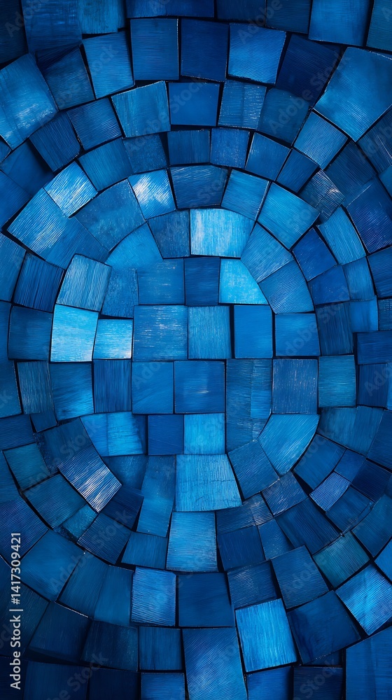 Poster abstract blue wood blocks in a concentric circular pattern with textured surface