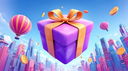 A vibrant illustration of a floating gift box over a colorful city with balloons and coins.