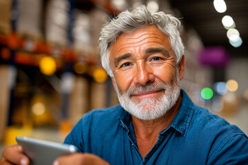 Gray-haired man confidently overseeing stock logistics and warehouse operations with the help of a tablet.