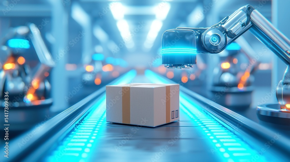 Poster cardboard boxes transit on a conveyor belt within a high-tech robotic warehouse, featuring glowing b