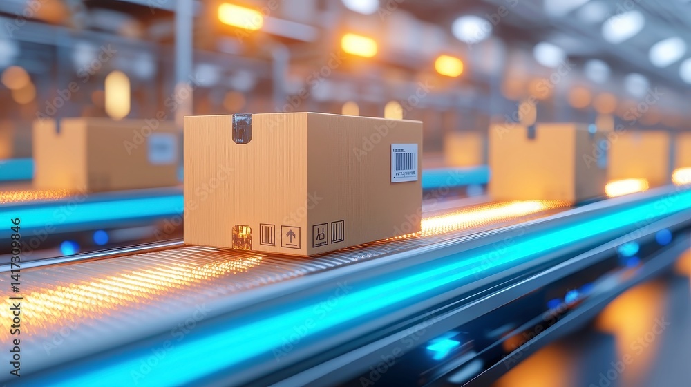 Poster high-tech robotic warehouse, cardboard boxes glide smoothly on a conveyor belt, surrounded by advanc