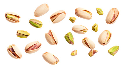 Fresh Whole and Cracked Pistachios Flying in the Air Set