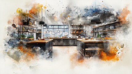 Artistic watercolor depicts a modern kitchen with island and shelves
