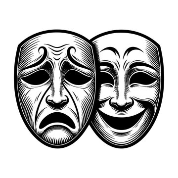 sad and smile mask sketch engraving black and white outline. Scratch board imitation.