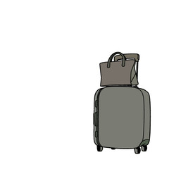 Gray suitcase with gray handbag isolated on white background. Yellow plastic suitcase with cute stickers in various views isolated on white background.