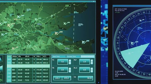 Professional air traffic controller in the control tower. Aircraft control officer works using radar, computer navigation and digital maps. Close-up portrait.