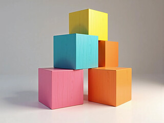 Fototapeta premium Wooden Cubes with Colored Edges Stacked in a Pyramid Shape – Minimalist Geometric Composition with Natural Texture, Balance, and Educational Design