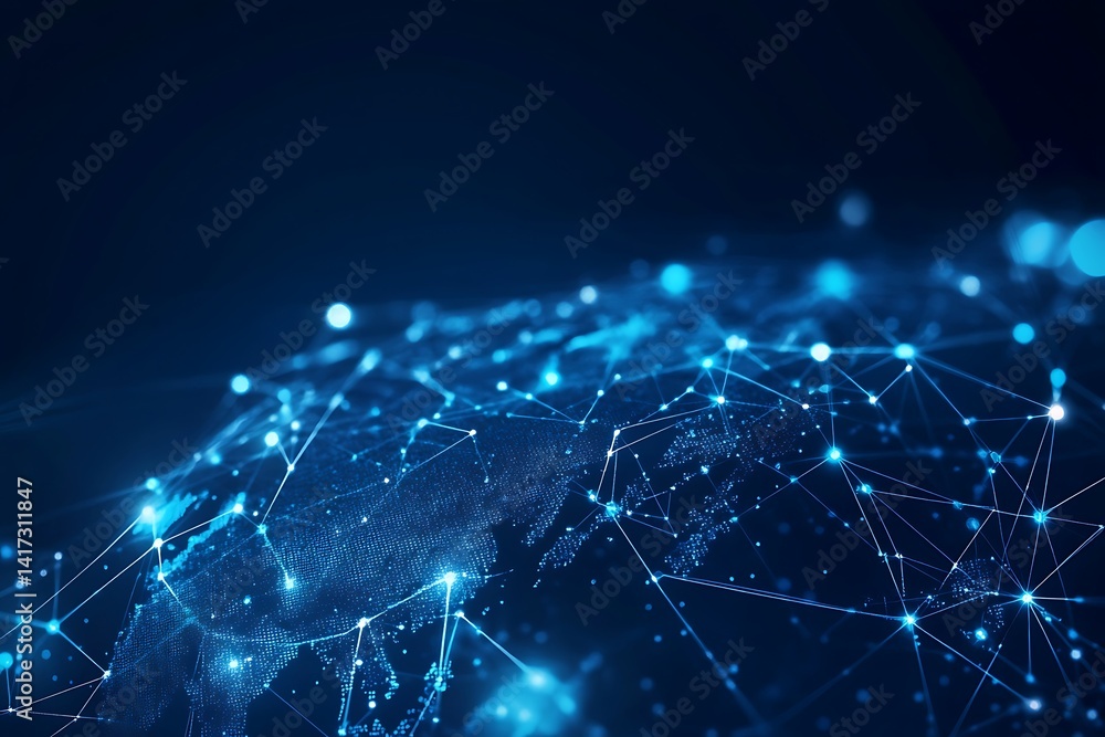 Poster blue global network, interconnected points on earth, digital data transfer system