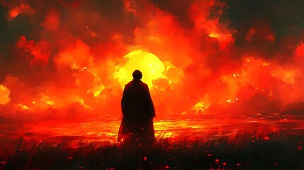Obraz premium Person Standing Before Fiery Sunset with Clouds Landscape Illustration Art