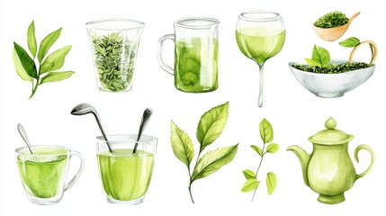 Watercolor Matcha Green tea elements leaves objects isolated on clear png background, various Japan matcha leaf plant, morning drinks, delicious beverages clipart set, with Generative Ai. illustratio
