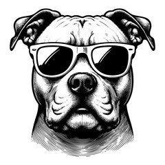 Fototapeta premium Pitbull dog wears sunglasses sketch engraving black and white outline. Scratch board imitation.