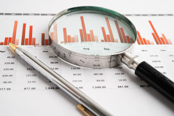 Magnifying glass on charts graphs paper. Financial development, Banking Account, Statistic,...