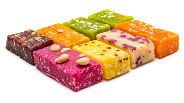 A stack of colorful candies with white specks on them