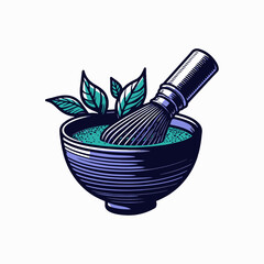 Mortar and pestle with herbs in a kitchen setting, illustrated as a vector icon with a bowl, spoon, and dish, evoking a pharmacy and cooking theme