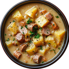 Top view of a delicious looking Kartoffelsuppe mit Wurst on a dark bowl isolated on a white transparent background.