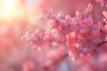 Obraz premium Pink cherry blossom flowers on a branch with sunlight shining through.