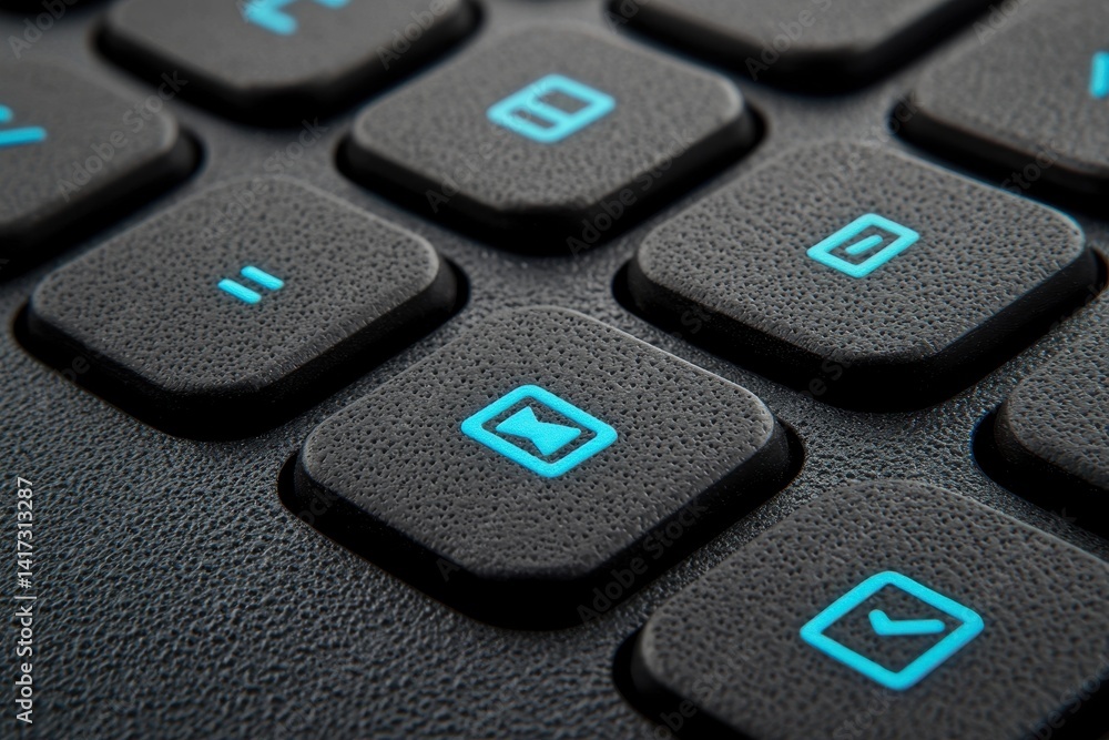 Poster close-up view of black keyboard keys with blue symbols and texture