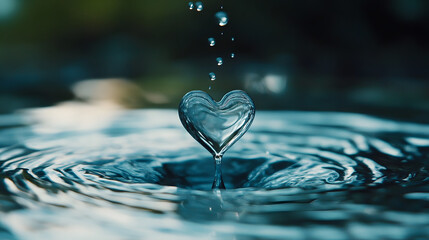 Heart-Shaped Water Drop: A captivating image of a water droplet, meticulously shaped into a heart, suspended mid-air above a tranquil water surface, encapsulating the essence of purity and love.