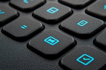 Close-Up View of Black Keyboard Keys with Blue Symbols and Texture