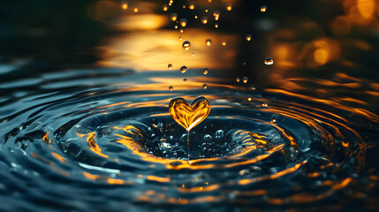 Golden Heart on the Water: A unique photograph capturing the moment a golden heart shape appears in the ripples as water droplets cascade down