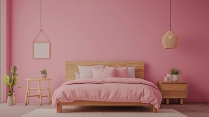 Pink bedroom with wooden bed frame and soft accessories