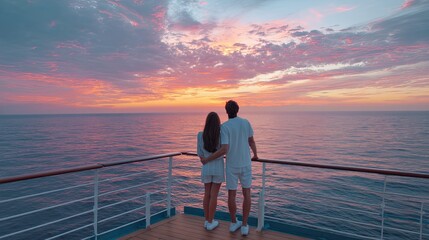 Romantic couple on cruise ship deck watching colorful ocean sunset