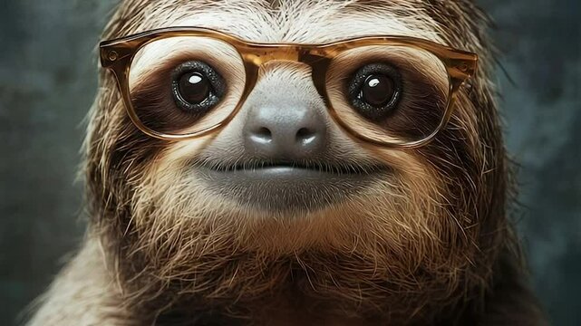 A sloth wearing glasses, close-up portrait