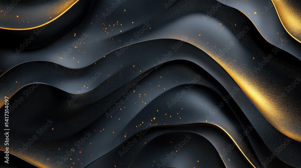 Poster here's a description and keywords for your image.. abstract metallic waves, dark gray and gold textu