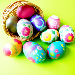 Fototapeta premium Colorful decorated eggs arranged on green grass near a wicker basket with fairy lights during a festive spring celebration