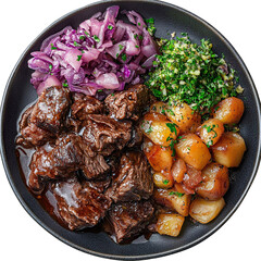 Top view of a delicious looking Sauerbraten mit Apfelrotkohl on a dark plate isolated on a white transparent background.