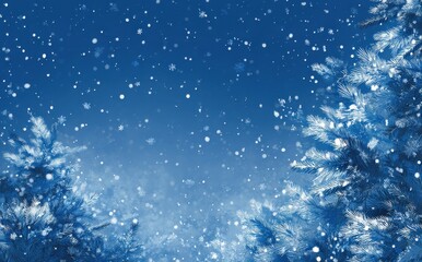 Serene winter scene with snow falling gently on frosty pine branches. A peaceful, cool-toned image perfect for winter holidays.