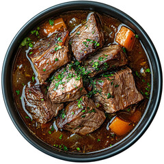 Top view of a delicious looking Sauerbraten on a dark bowl isolated on a white transparent background.